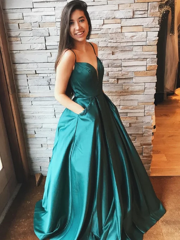 Women's Office Outfit Classic Timeless Elegant Style A Line V Neck Satin Long Emerald Green Prom Dresses with Pocket, V Neck Emerald Green Formal Dresses, Emerald Green Evening Dresses, Ball Gown