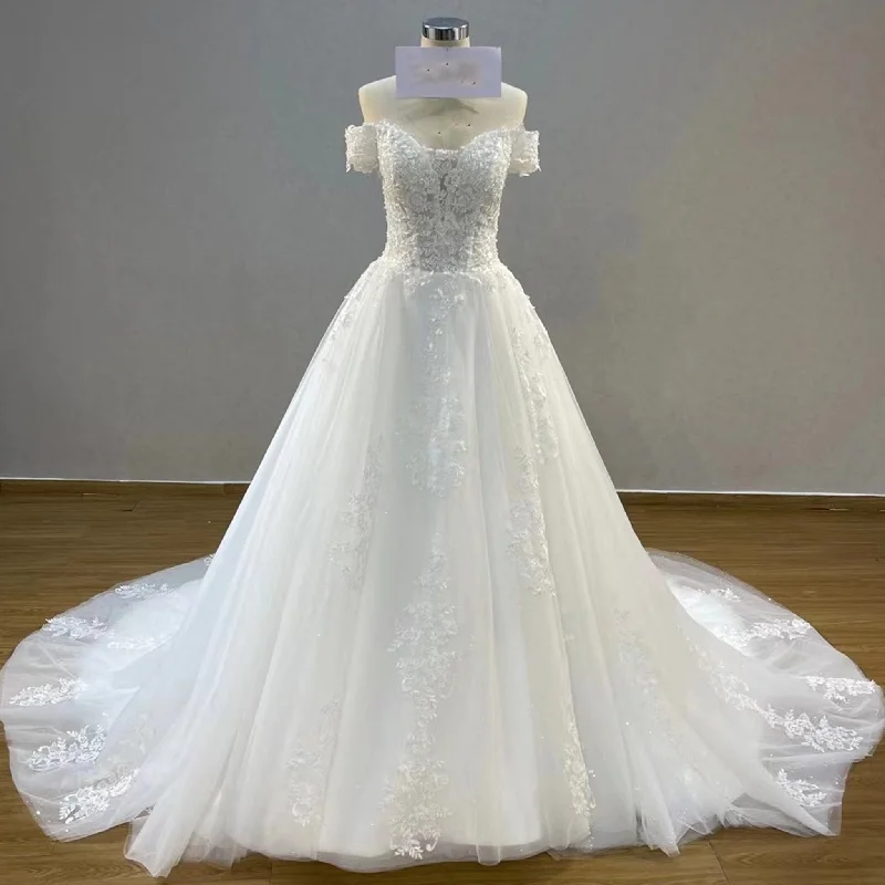 Women's Clothing Sets Subtle Sophistication Off Shoulder Lace Tulle A-line Bridal Gown Wedding Dress Long Train