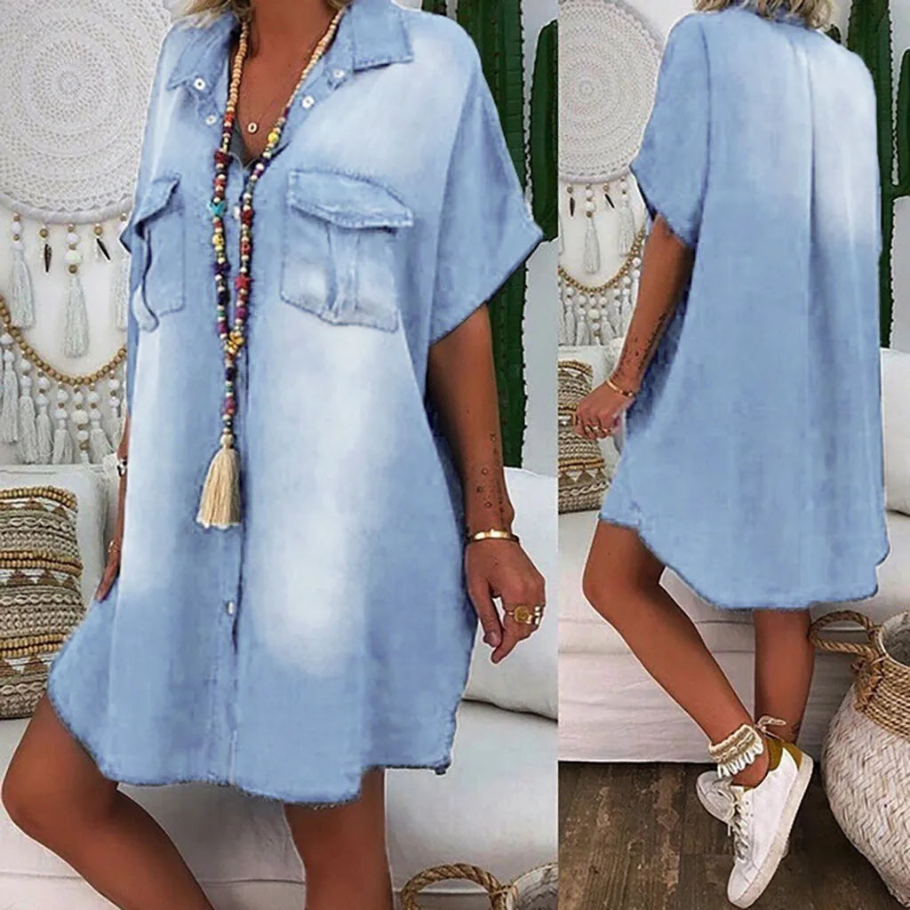 Women's Clothing Sets Sophisticated Cut JuliaFashion - Denim Fashion Women's Casual Turndown Neck Sleeveless Swing Vestido De Mujer Dress