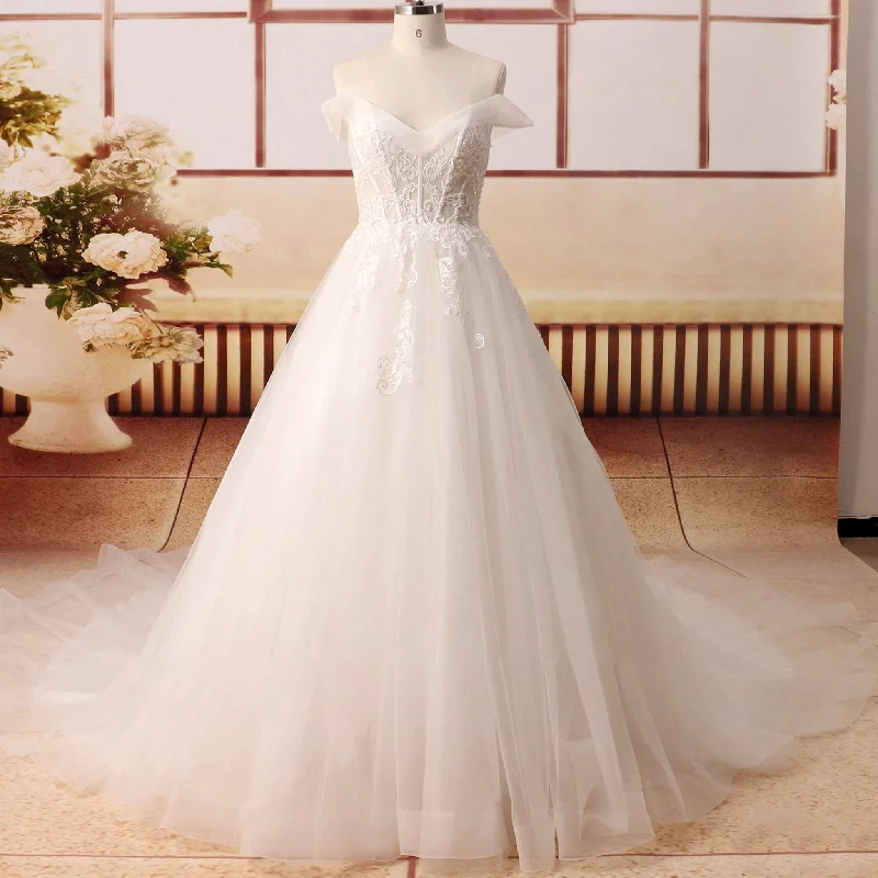 Women's Elegant Outfit Graceful Movement Off the Shoulder Tulle Lace A-line Double V Wedding Dress