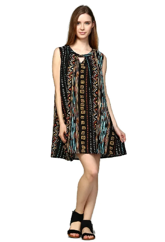 Women's Work Apparel Summer Fashion Tribal Sleeveless Keyhole Dress, Black