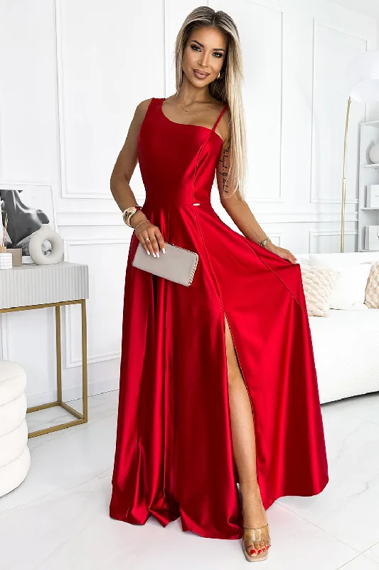 Formal Outfit For Women Feminine Grace Long elegant satin one-shoulder dress - red