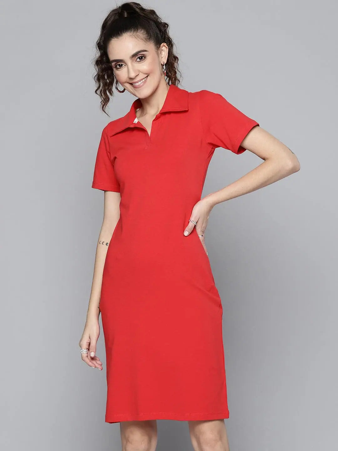 Women's Timeless Attire Statement Piece Women Red Polo Neck Bodycon Dress