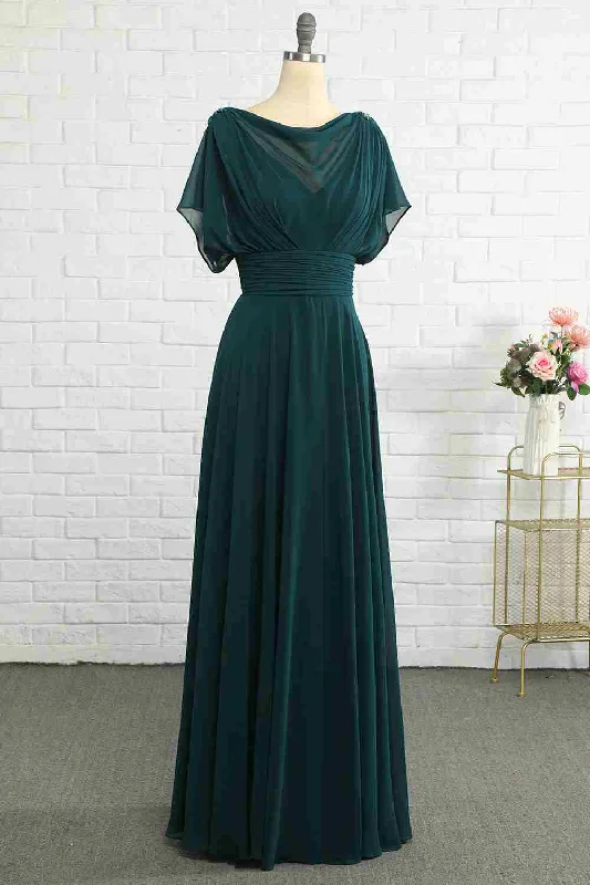 Women's Casual Outfit Classic Charm Hunter Green Chiffon Bateau Banded Waist Bridesmaid Dress