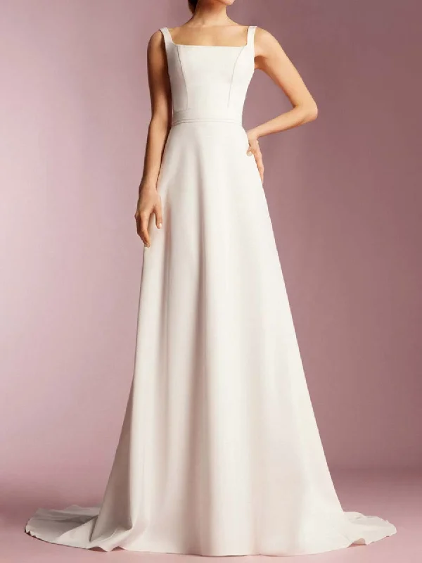 Women's Elegant Clothing Sets Grab Romantic Date - Night Styles Now 2024 Square Neck Satin Wedding Dress Sleeveless A-line