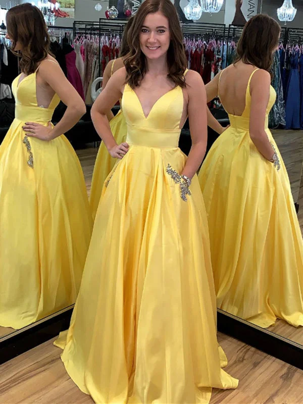 Women's Holiday Attire Limited - Stock A Line V Neck Spaghetti Straps Backless Satin Yellow Long Prom Dresses with Pocket, Yellow Graduation Dresses, Evening Dresses