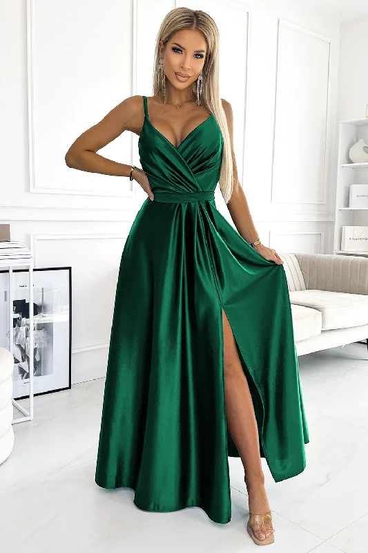 Women's Athletic Outfit Feminine Flow JULIET elegant long satin dress with a neckline - green