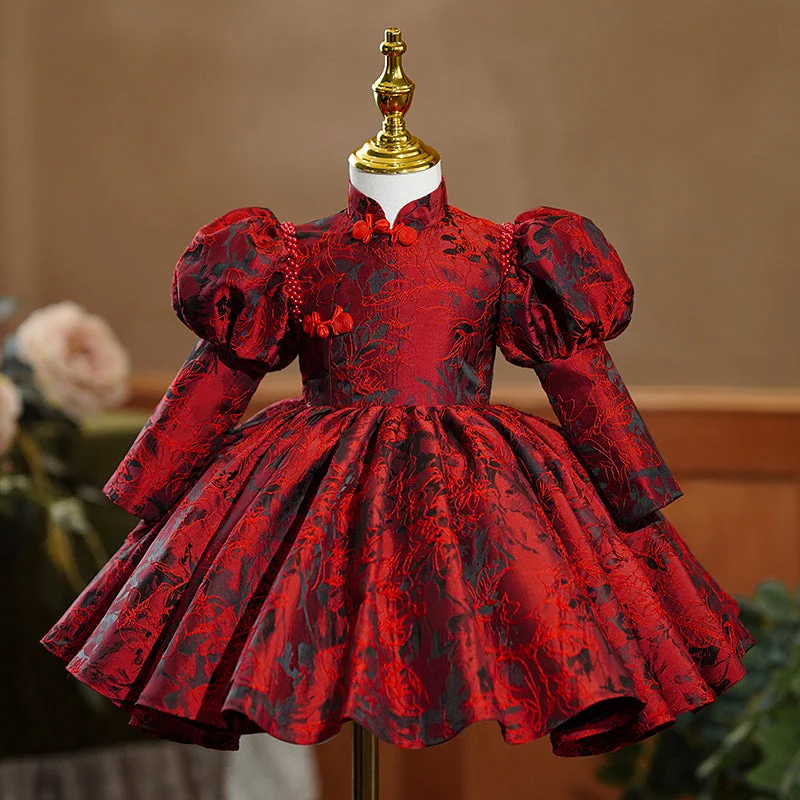 Women's Outfit For The Office Classic Timeless Elegant Style Girl Christmas Dress Baby Girl Dress Flower Girl Dress Autumn Elegant Red Embroidery Long Sleeve Princess Party Dress