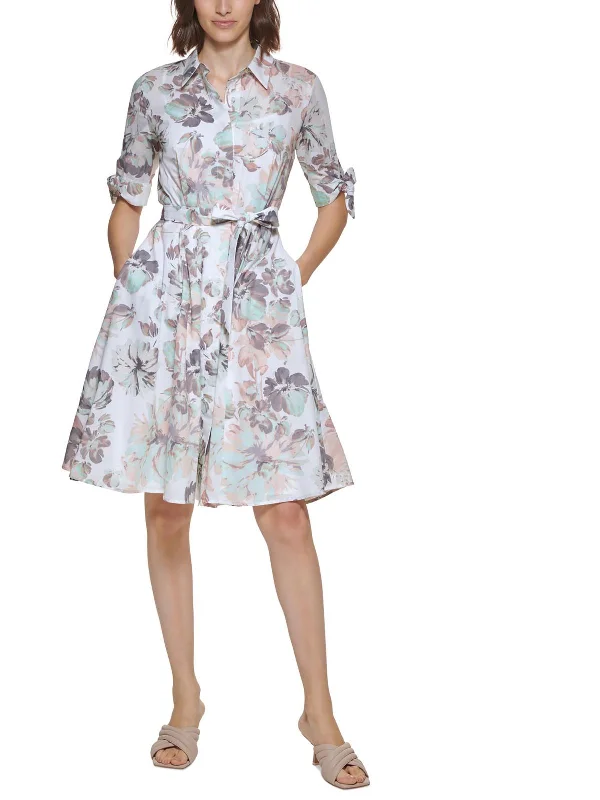 Women's Everyday Attire Vibrant Prints Petites Womens Floral Print Above Knee Shirtdress