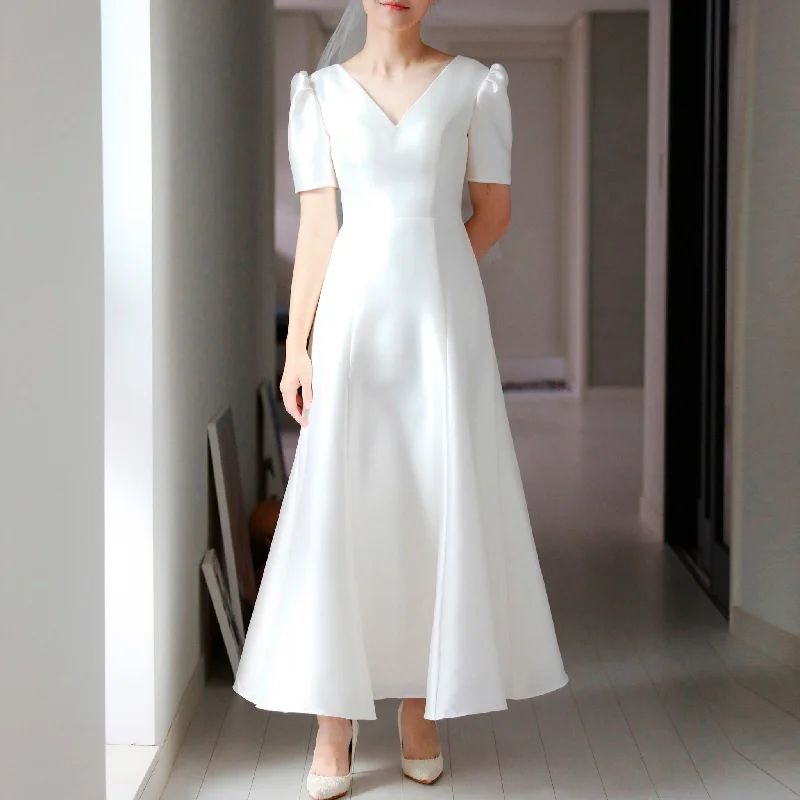 Women's Office Outfit Mid - Season Sale 3/4 Sleeve Satin Vneck Wedding Dress with Ankle Length