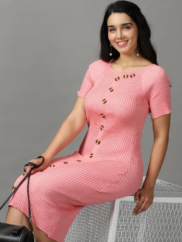 Women's Stylish Professional Apparel Dreamy Aesthetic Women's Pink Solid Bodycon Dress-TG-12259-Pink