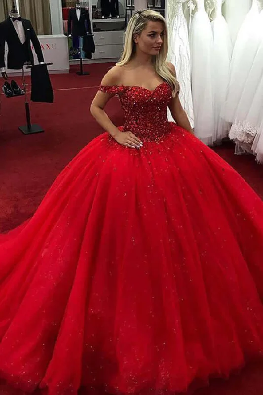 Women's Date Night Outfit Boho - Chic Festival - Ready Style Sparkly Red Ball Gown Wedding Dresses Sweetheart Off Shoulder Sequins Quince Dress