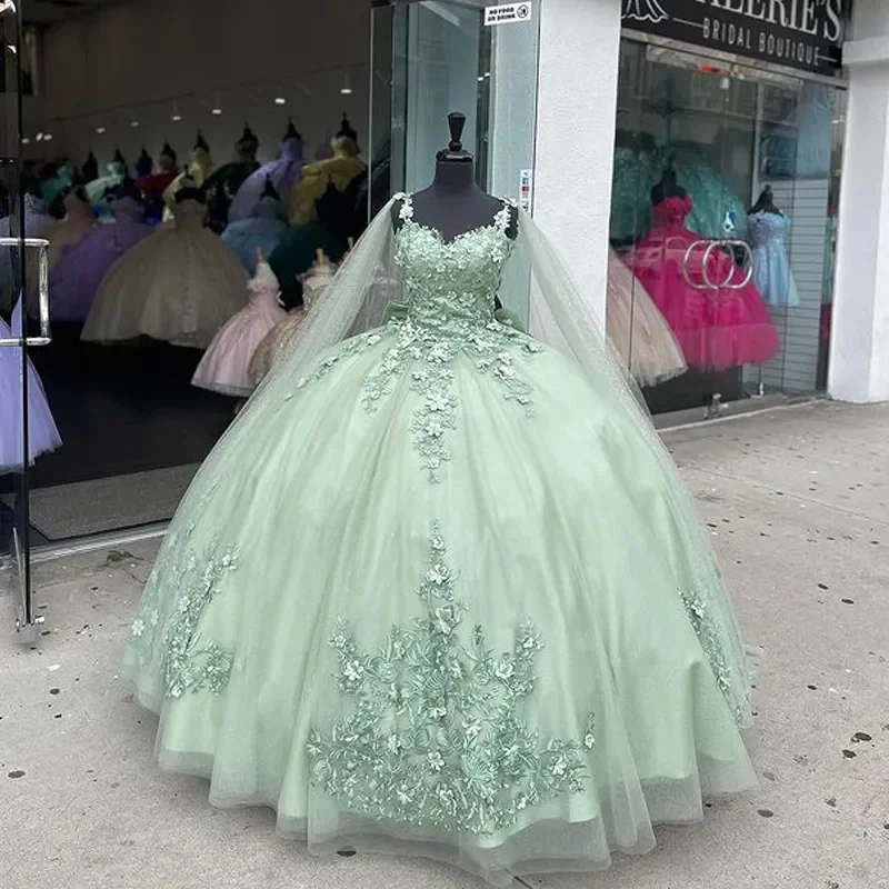 Women's Workout Garments Feminine Grace Mint Green Quinceanera Dresses 3D Flowers Ball Gown Pageant Party Sweet 15 Dress Y4481