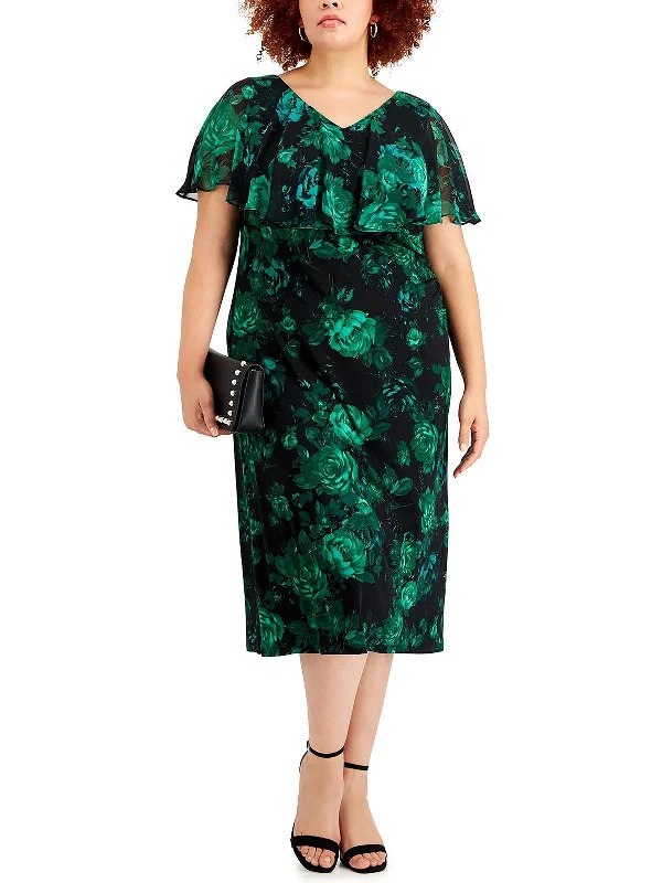 Women's Contemporary Apparel Feminine Charm Plus Womens Floral Popover Midi Dress