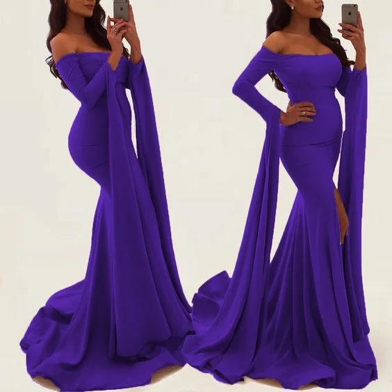 Women's Apparel And Garments Chic Urban Fashion Look Sexy Off Shoulder Long Sleeves Mermaid Evening Gowns Purple prom dress cg4122