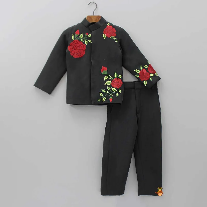 Affordable Trendy Clothes For Women Playful Elegance Floral Black Coat And Pant