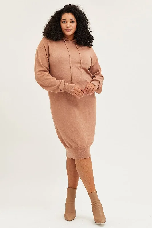 Women's Holiday Clothing Chic Sophistication Brown Plus Long Sleeve Hoodie Knit Dress