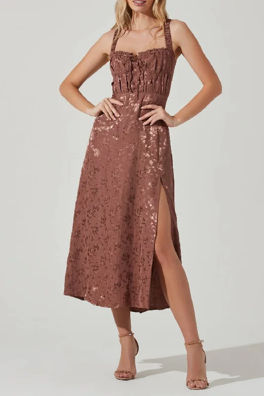 Women's Resort Garments Classic Timeless Elegant Style Elsie Floral Smocked Midi Dress in Brown Jacquard