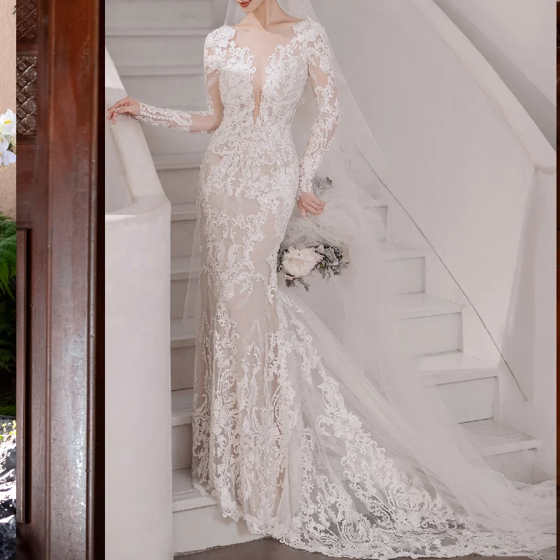 Women's Clothes And Garments Graceful Movement Long Sleeve Fit and Flare Lace Wedding Dress with Vneck