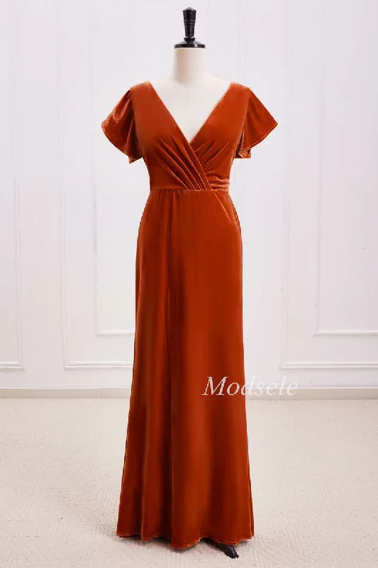 Women's Stylish Casual Garments Art Deco Geometric Pattern Look Rust Orange Velvet Surplice Backless Bridesmaid Dress