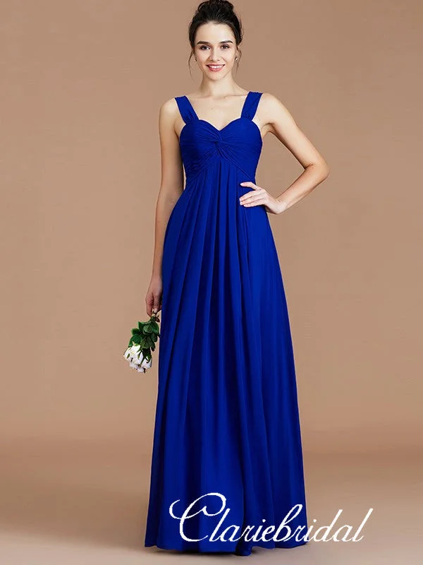 Women's Clothing Apparel Floral Style Straps A-line Royal Blue Chiffon Long Bridesmaid Dresses