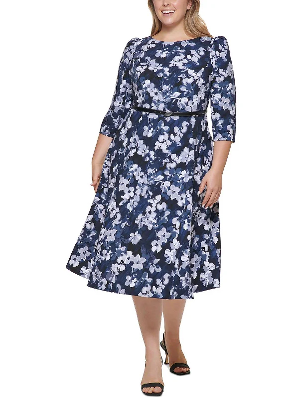 Women's Casual Apparel For Weekends Elegant Ensemble Plus Womens Floral Print Mid Calf Midi Dress