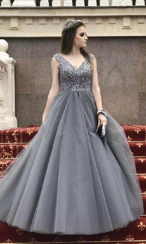 Comfortable Women's Clothing Save On Classic Elegant Styles Sparkly Sequins V Neck Grey Long Prom Dress Ball Gown    cg13996