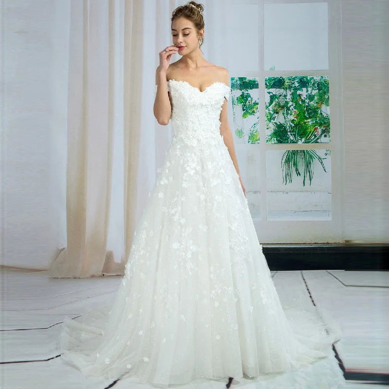 Affordable Fashion Clothing For Women Statement Piece Off Shoulder Floral Lace A-line Sparkly Tulle Bridal Wedding Dress