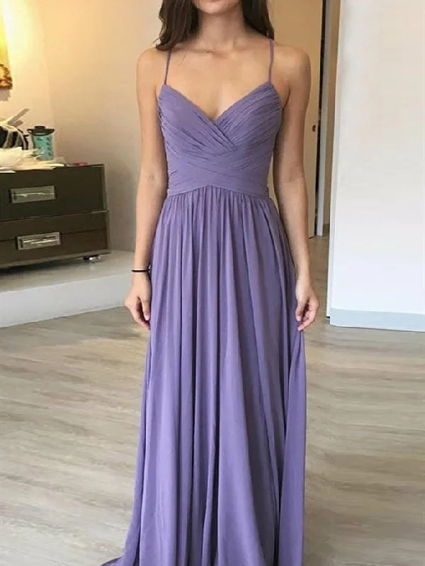 Women's Casual Wear Clothing Seasonal Trend Spaghetti Long A-line Purple Chiffon Bridesmaid Dresses, Long Bridesmaid Dresses