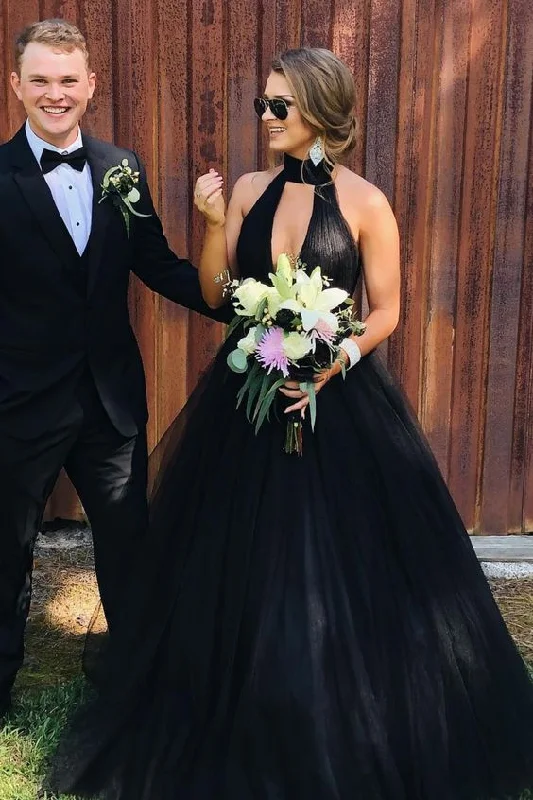 Women's Athleisure Apparel Elegant Details High Neck Gothic Wedding Dress Tulle Ball Gown Black Long Prom Dresses