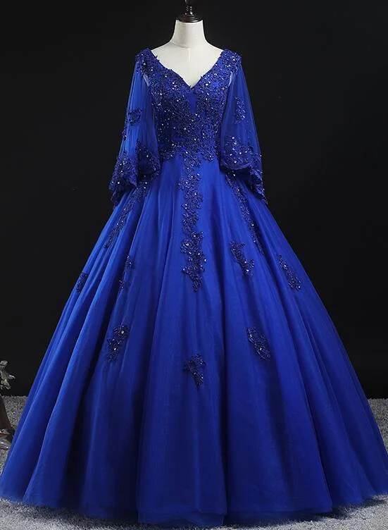 Women's Formal Event Attire Flowing Silhouette Royal Blue Ball Gown Lace Applique Quinceanera Dresses, Tulle Floor Length Sweet 16 Dresses Prom Dress    cg19474