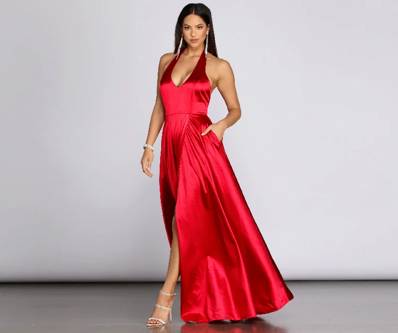 Women's Clothing And Garments Sets Casual Weekend Relaxed Style Hazel Formal Halter Satin Dress