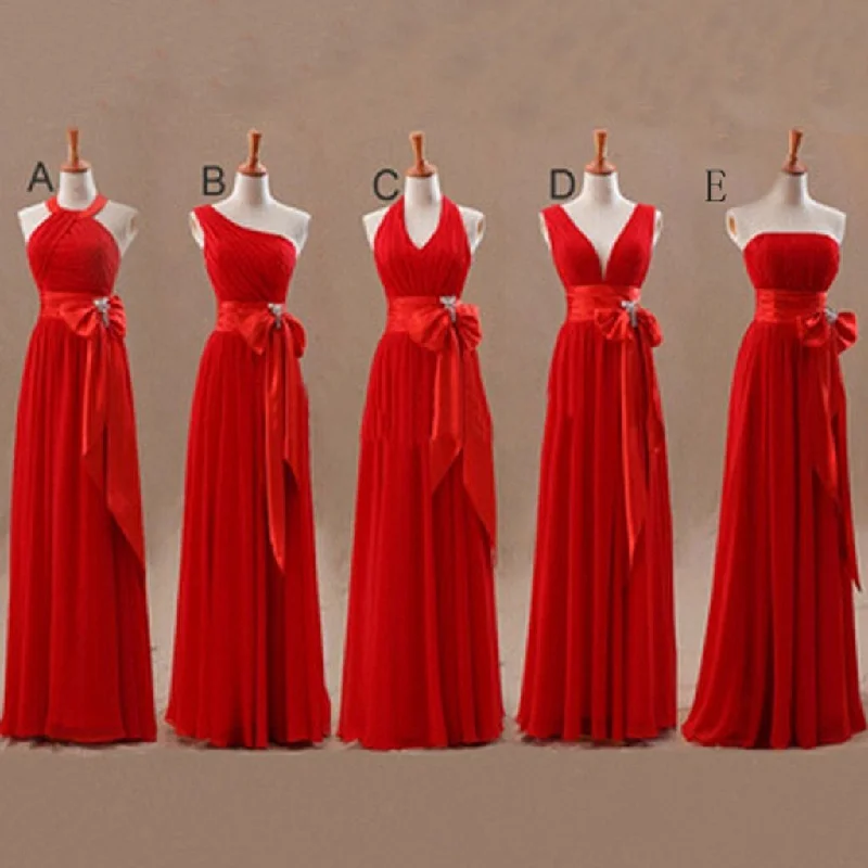 Women's Clothes Casual Elegance Mismatched Junior Chiffon Red Long A Line Formal Cheap Maxi Bridesmaid Dresses with Bow, WG63