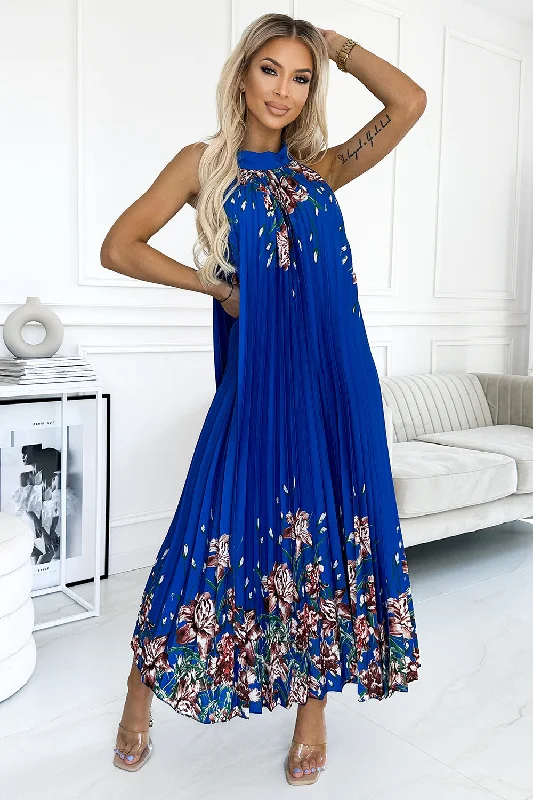 Women's Casual Wear Outfit Coastal Beach - Inspired Style Pleated satin maxi dress - blue with flowers