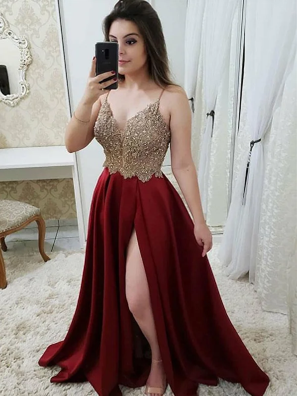 Women's Outerwear Attire Limited - Edition Drops Burgundy A Line V Neck Satin Beaded Long Prom Dresses with Slit, Burgundy Formal Dresses, Burgundy Evening Dresses