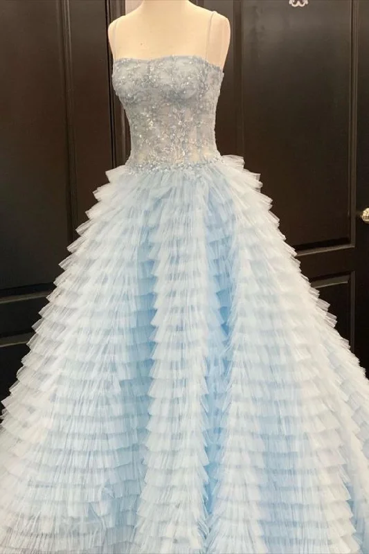 Women's Office Clothing Graceful Cut strapless light blue tiered long ball gown prom dress    cg18578