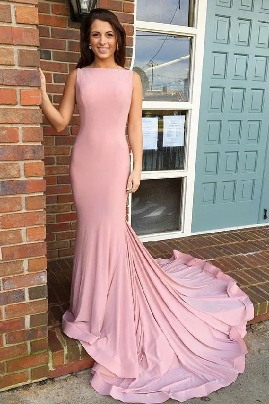 Women's Seasonal Attire Romantic Flair Boat Necking Long Sheath Pink Elegant Simple Cheap Prom Dresses Prom Gowns cg4734