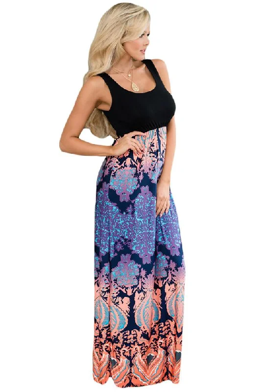 Women's Casual Apparel For Weekends Refined Look JuliaFashion-Orange Purple Aqua Print Sleeveless Long Boho Dress