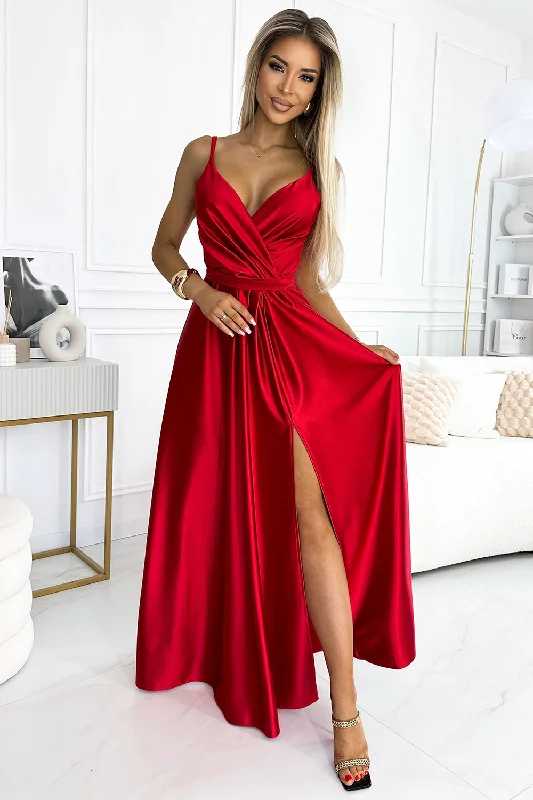 Women's Party Outfit Contemporary Elegance JULIET elegant long satin dress with a neckline and leg slit - red