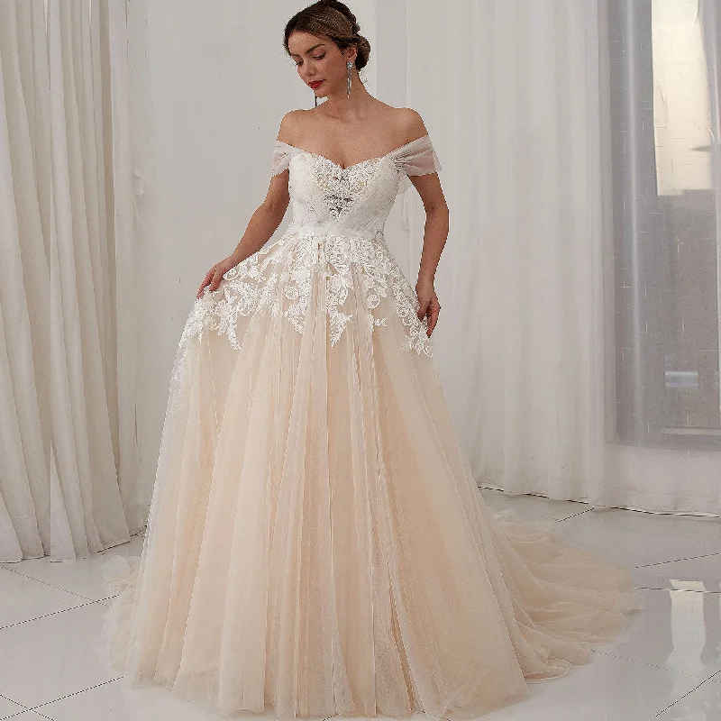 Women's Transitional Clothes Minimalist Office - Ready Style Off Shoulder Floral Lace Ball Gown Bridal Wedding Dress Cathedral Train