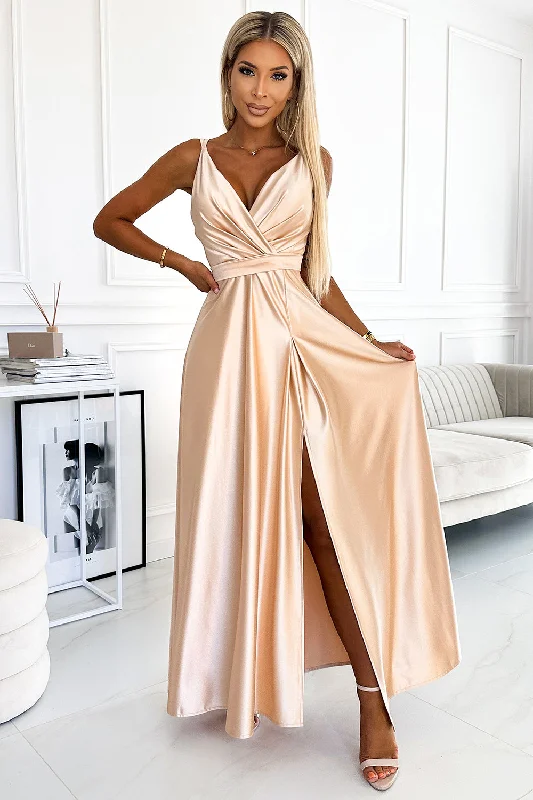 Comfortable Outfit For Women Playful Elegance Long satin dress with a neckline and double straps - golden