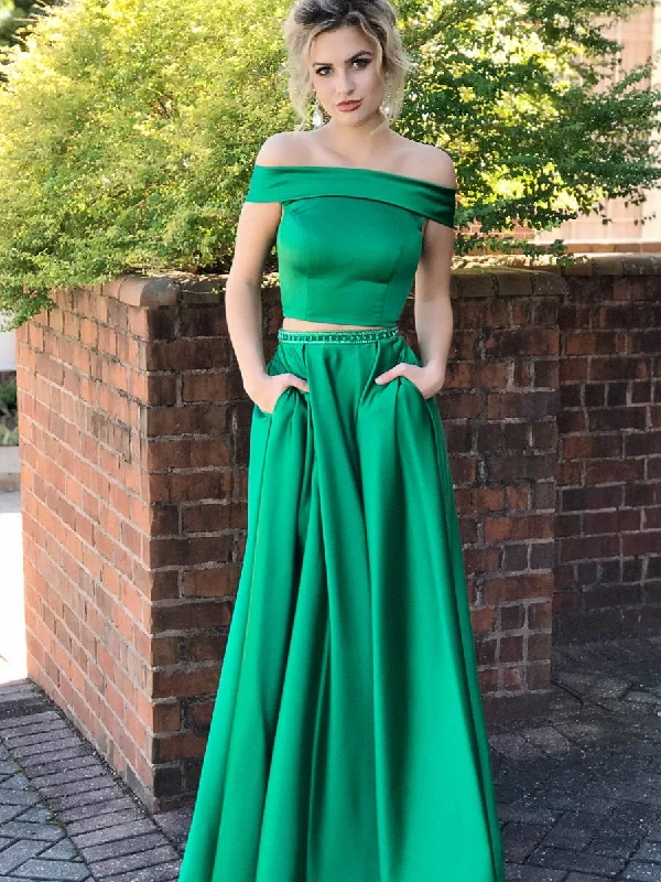 Women's Evening Attire Tropical Island - Inspired Attire Green Two Pieces Off Shoulder Satin Long Prom Dresses with Pocket, Two Pieces Green Formal Dresses, Green Evening Dresses