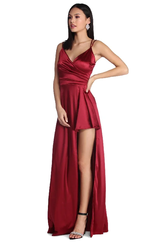 High-Fashion Women's Clothing Polished Finish Skyla Formal High Slit Satin Dress