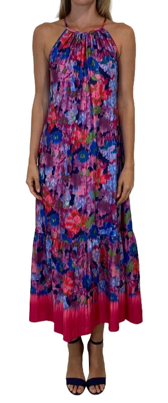 Women's Holiday Attire Flowing Silhouette A-Line Halter Tiered Maxi Dress In Pink/violet Multi