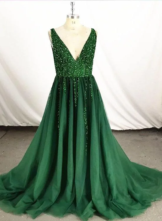 Women's Versatile Apparel Soft Textures Dark Green Tulle V-Neckline Long Party prom Dress, Green Formal Gown   cg18865