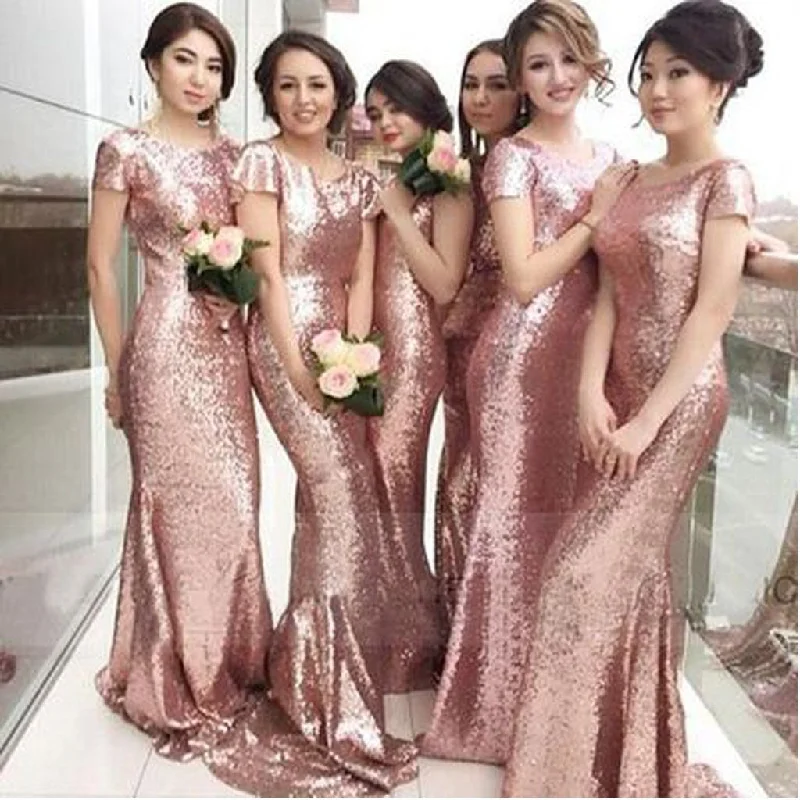 Women's Night-Out Clothes Feminine Grace Sequin Short Sleeve Sexy Mermaid Rose Gold Pretty Cheap Long Wedding Party Bridesmaid Dresses, WG78