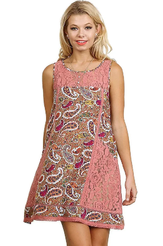 Women's Trendy Apparel Timeless Elegant Paisley & Lace Sleeveless Dress, Mauve