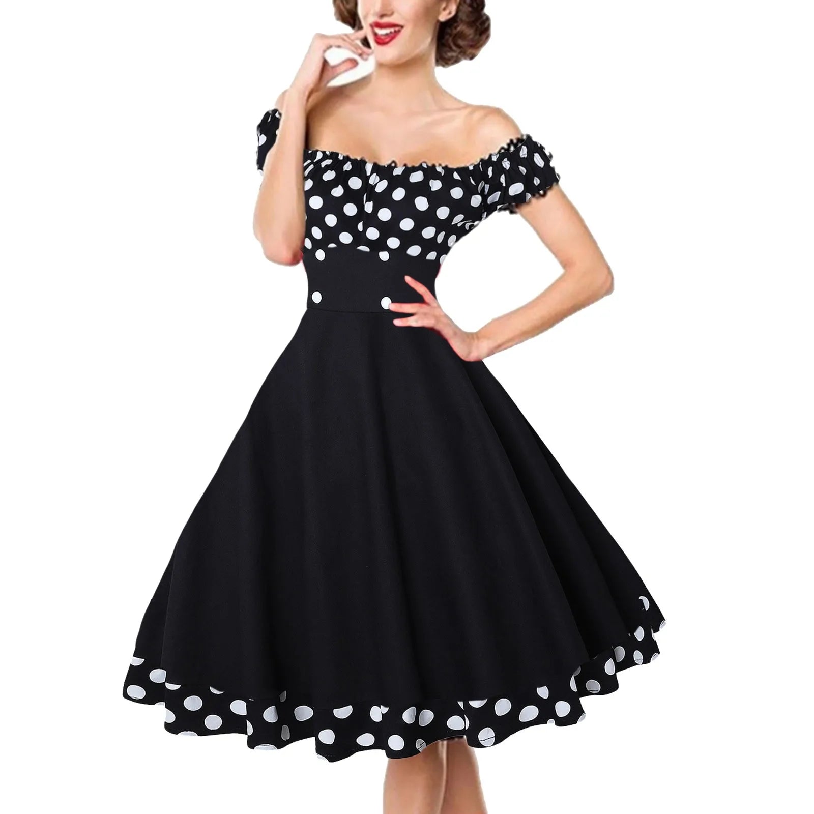 Women's Fashion Clothes Y2K Nostalgic Fashion Look JuliaFashion - Elegant Vintage Hepburn Women Black Red Off Shoulder Sleeveless A-Line Female Retro Rockabilly 50s Polka Dot Dress