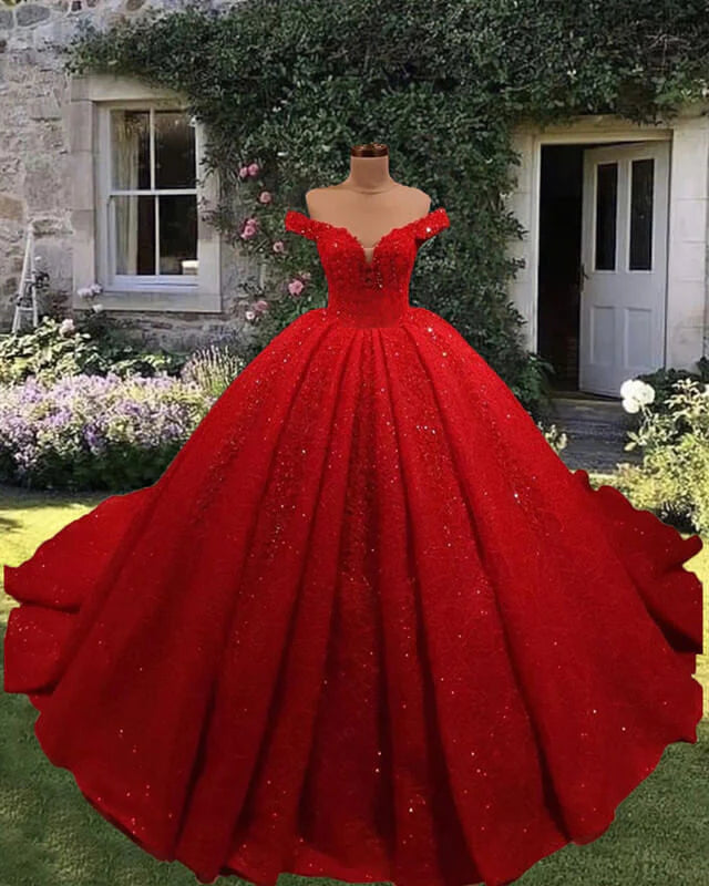 Women's Athletic Garments Bold Patterns 2025 Off Shoulder Glitter Wedding Dresses Red Sequin Ball Gown Bridal Wear