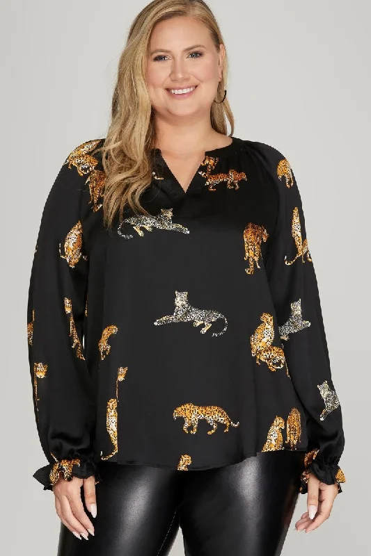 Women's High-Fashion Outfit Save On Classic Elegant Styles BLACK SATIN JAGUAR PRINT LONG SLEEVES PLUS SIZE WOVEN TOP S10PSY5748